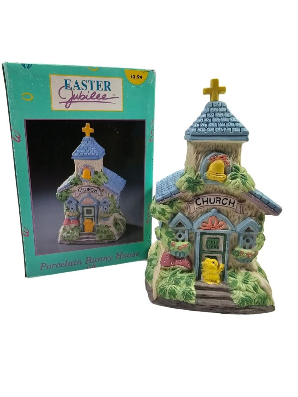 Easter Jubilee Porcelain Bunny House Church with Original Box 7" Vintage Kmart